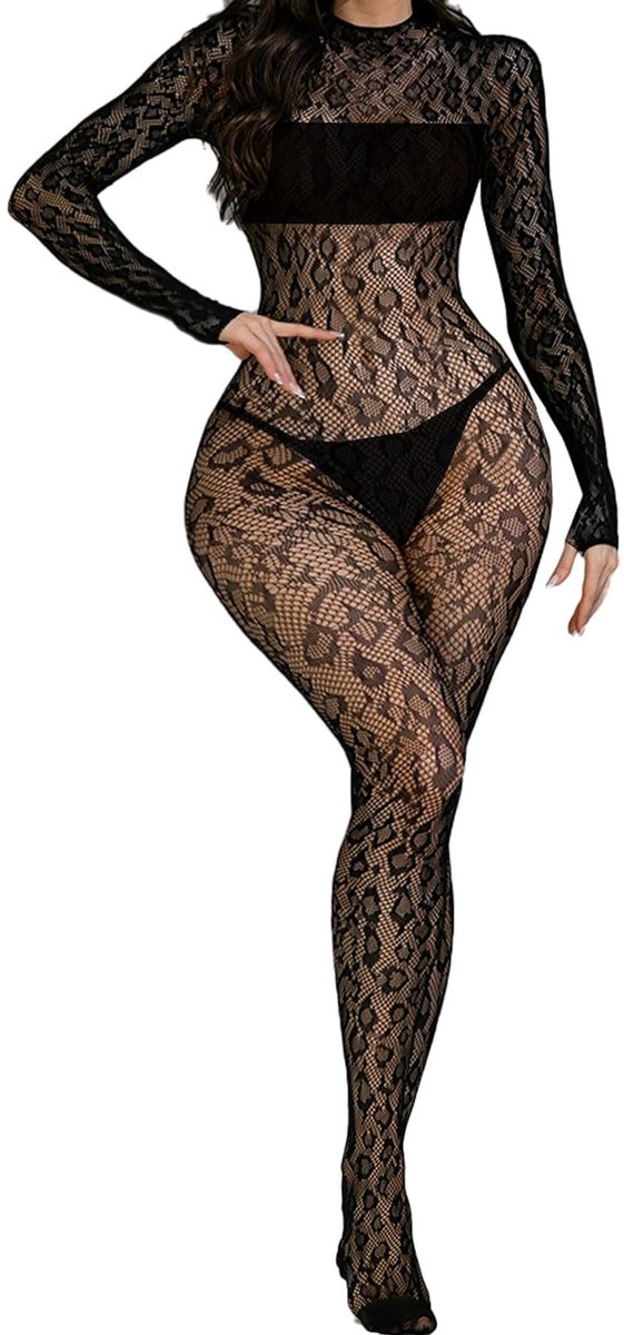 Dailygoods- Bodystocking Zwarte Luipaardprint - Mesh Jumpsuit - Sexy Lingerie - Festival Outfit - Elastische Stof - Open Vinger Stijl