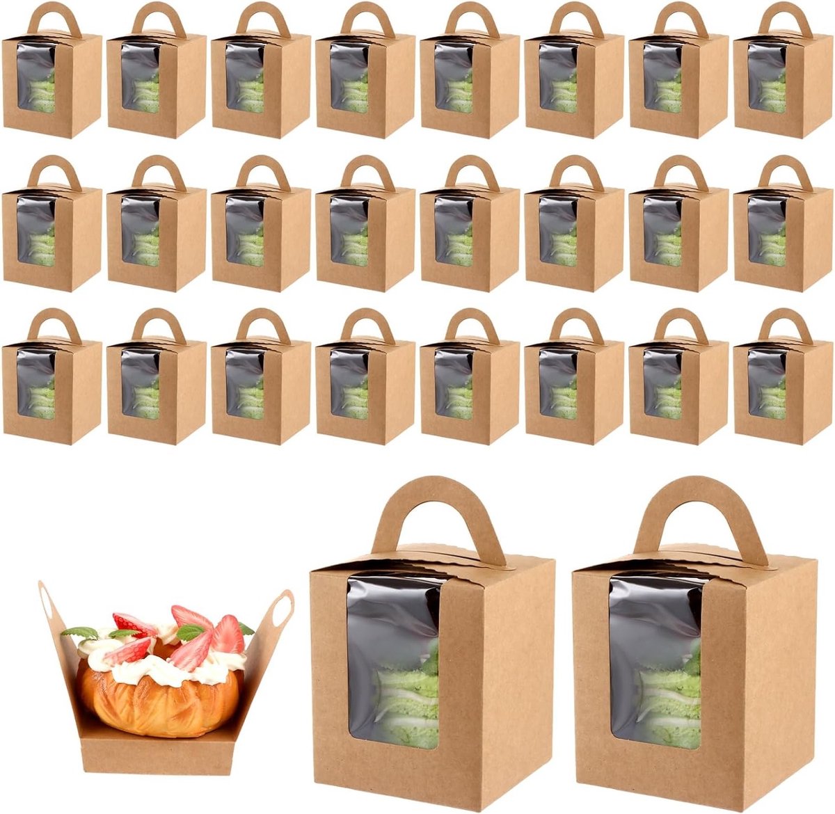 100 Stuks Cupcake Dozen met Raam en Handvat, Apart Verpakt met Cupcake Inlegvellen voor Verjaardagen, Feestdagen en Speciale Gelegenheden, Bruin