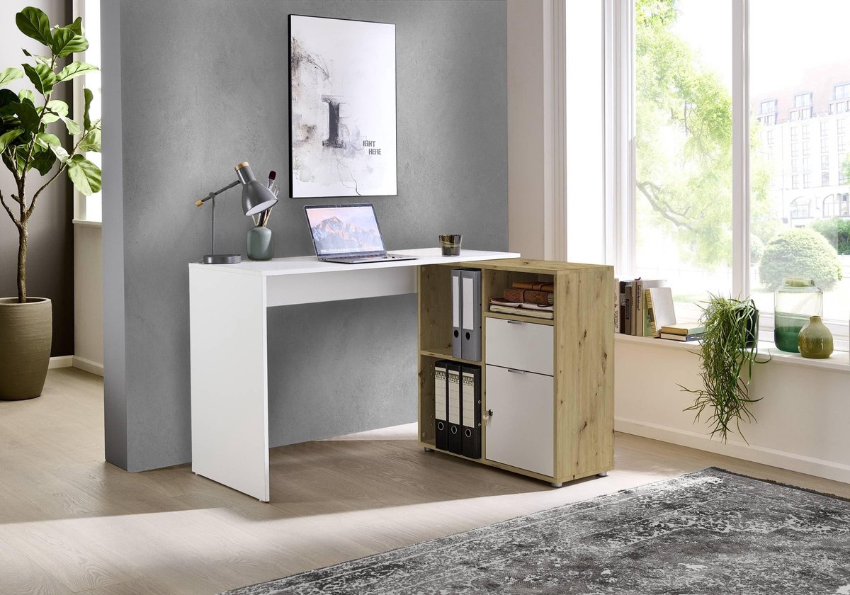 Dailygoods- Hoekbureau Leni - Plankhouder met afsluitbare deur - Bureaubladopstand - Ruimte voor 8 ordners - 1 lade - Afmetingen 110 x 74 x 50 cm - Bureau