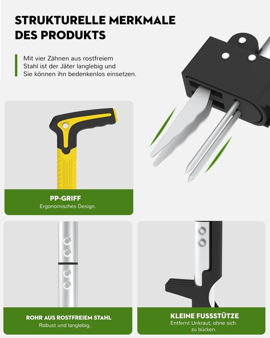 Dailygoods- Onkruidjager met lange steel - Onkruidverwijderaar - Onkruidsteker - Roestvrij staal - 4 klauwen - 110 cm, breed voetpedaal van Dailygoods — afbeelding 5