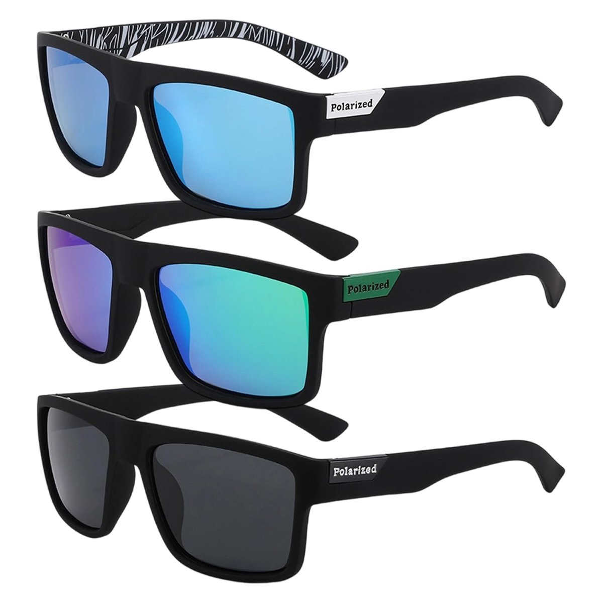 Dailygoods- Zonnebril Gepolariseerd - 3 Stuks - Klassiek Vierkant - UV400 Bescherming - Ultralicht - Sportieve Zonnebril - Sportzonnebril