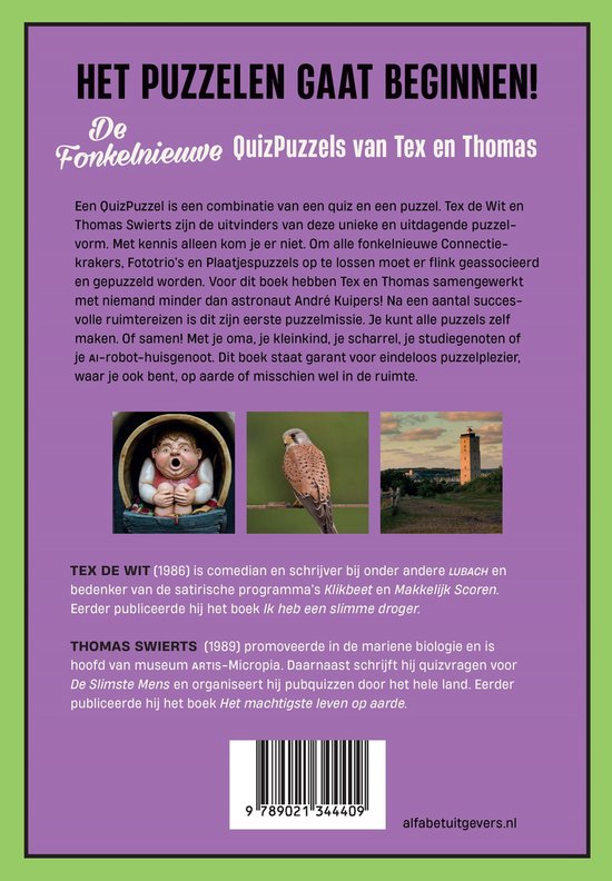 Achterkant van De fonkelnieuwe QuizPuzzels van Tex en Thomas. Beschrijving, afbeeldingen van een beeldje, een torenvalk, en een landschap met een toren. ISBN.