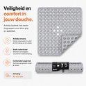 Grijze antislip douchemat met zuignappen, 53x53 cm, opgerold in verpakking.