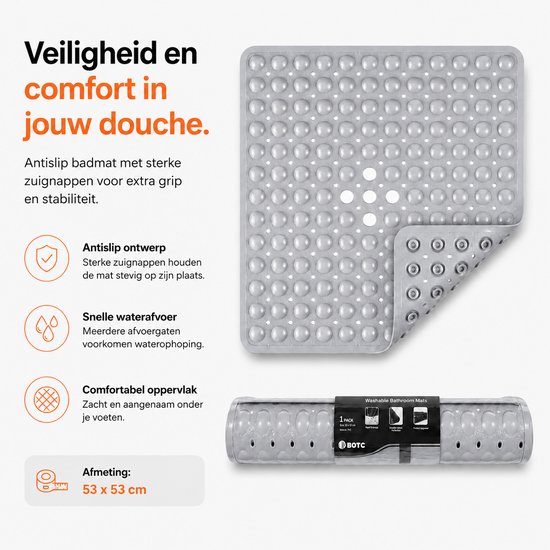 Grijze antislip douchemat met zuignappen, 53x53 cm, opgerold in verpakking.