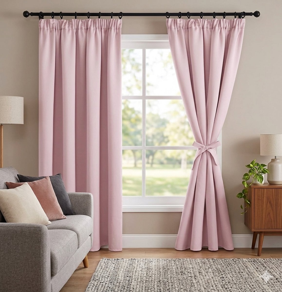 Maison Elara Verduisteringsgordijn met Plooiband en Riemen, Roze, 117x137 cm (B x H), 2 stuks