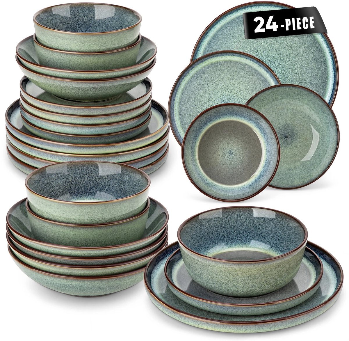 Home & Beyond® Serviesset 24-delig Olijfgroen- Keramisch Servies voor 6 Personen - Inclusief Dinerborden, Ontbijtborden, Kommen en Diepe Borden - Stoneware Servies