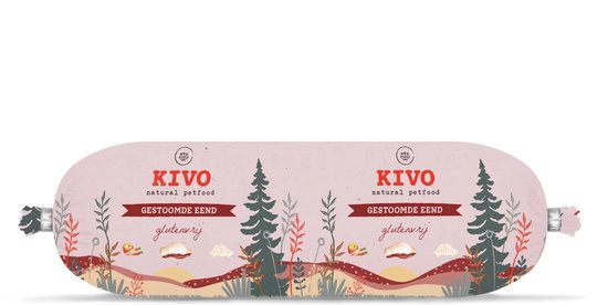 KIVO natuurlijke hondenbrokken in verpakking met bomen en planten print. Glutenvrij.
