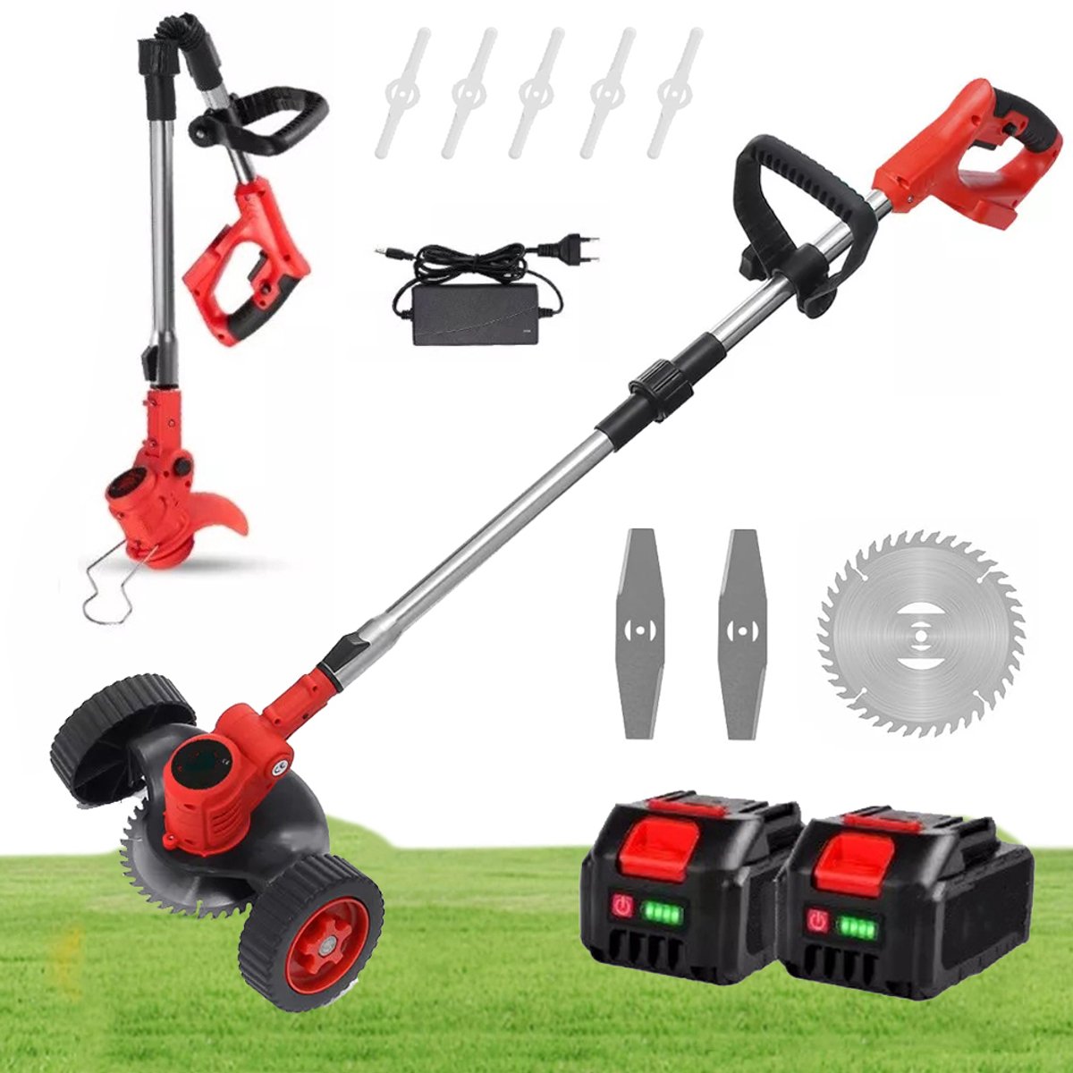 21V Draadloze Trimmer - Grastrimmer Van 800 W Met 2 X 2000 Mah Accu's En Oplader - Accu-Trimmer - Opvouwbare Grastrimmer