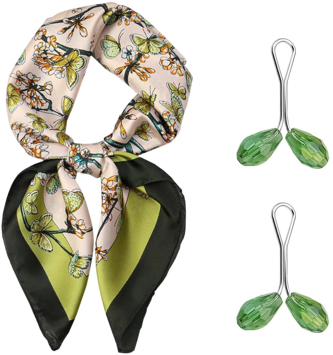 Solidchoice - Floral Butterfly Zijden Sjaal met 2 Crystal Gespen - Groene Nek Sjaal
