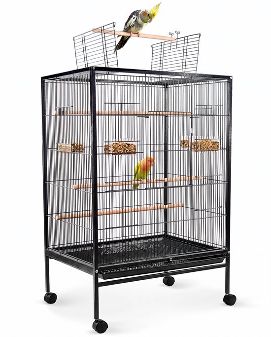 Mobiclinic Ninfa - Vogelkooi - Met zitplaats en accesories en wielen - Eet en drinkbakken - 95 x 43 x 61,5 cm - 8 poorten - Uitneembare lade - Zwart