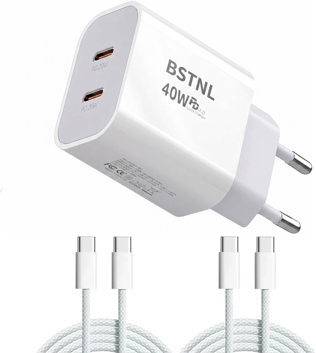 USB C Snellader 40W + 2x USB-C 65W Kabel 1M - Geschikt voor al jouw USB-C Apparaten - Oplader - Universeel - Fast Charger - Snellader - USB C Adapter - USB Stekker - Wit