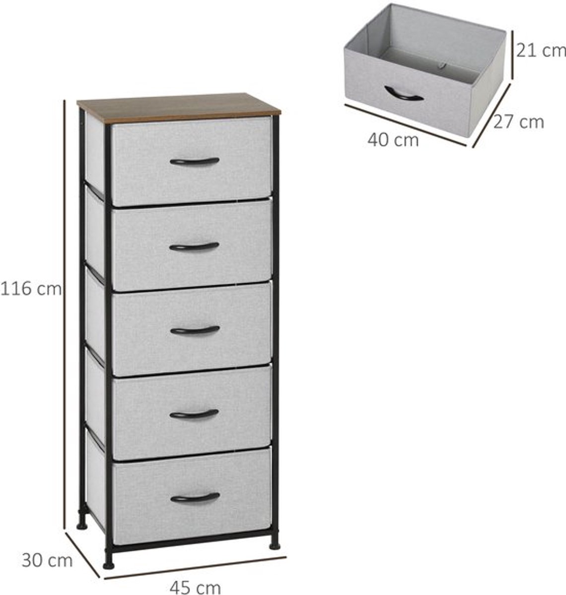 Ladekast – Opbergkast – Commodes – Kastje – Ladenkast – 5 Stoffen Lades – Compact Design 45x30x116 cm – Grijs