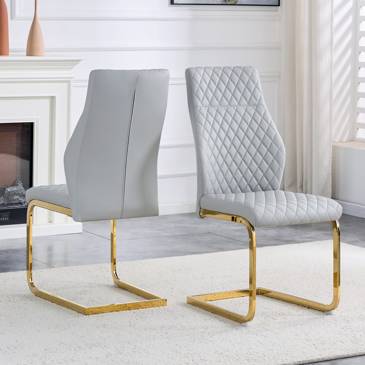 Eetkamerstoelen - Set Van 2 - Gestoffeerde eetkamerstoel - Eettafelstoel - Eetkamerstoelen - Met hoge rugleuning - PU - Antislip - Metalen stoelpoten - Modern Design - Goud, lichtgrijs