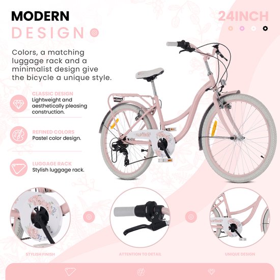 Flower Bike Kinderfiets 24 inch meisjes van 8 tot 12 jaar, Roze, Fiets voor een meisje met 7 versnellingen, bagagedrager, metalen spatborden, V-brake, kettingkast van Flower Bike — afbeelding 2