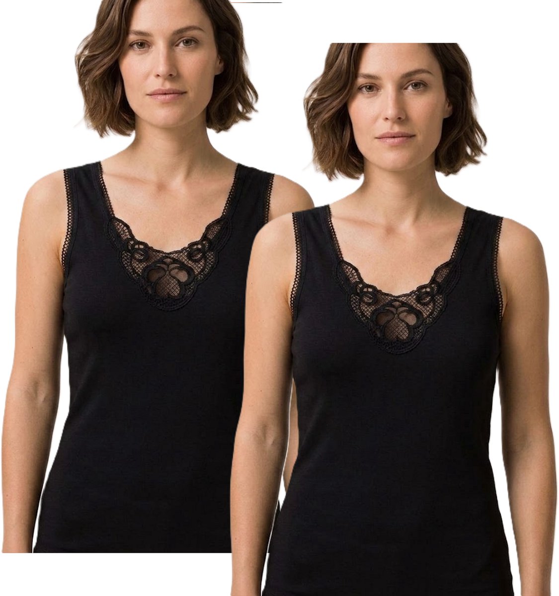 Marco Rossi - Random kant - Dameshemd kant - Onderhemd - Singlet - Katoen - Dames - 2 Pack - Zwart - Maat L 44/46