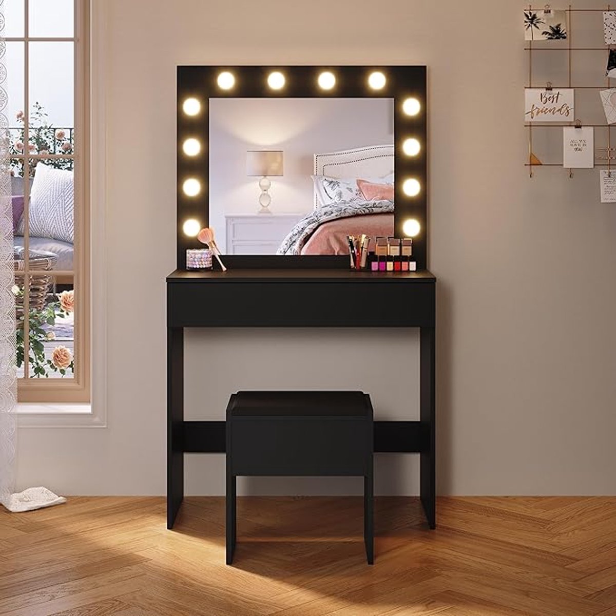 Luxe Hollywood LED Kaptafel met Spiegel en Kruk – 12 Dimbare Lampen, 3 Lichtkleuren, Grote Lade, Moderne Make-uptafel met Opbergruimte voor Slaapkamer – Zwart 80 x 40 x 140 cm | Medahomestore