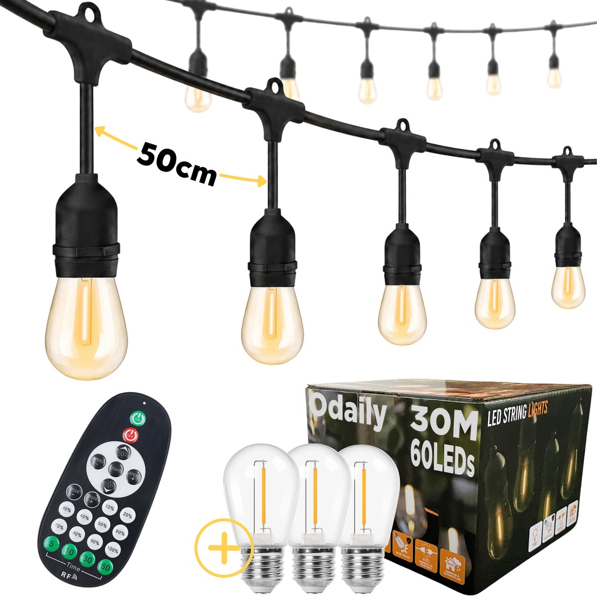 Odaily Lichtsnoer Buiten - 30 Meter - 60 LED Lampen - Warm Wit Licht - Dimbaar - Horecakwaliteit