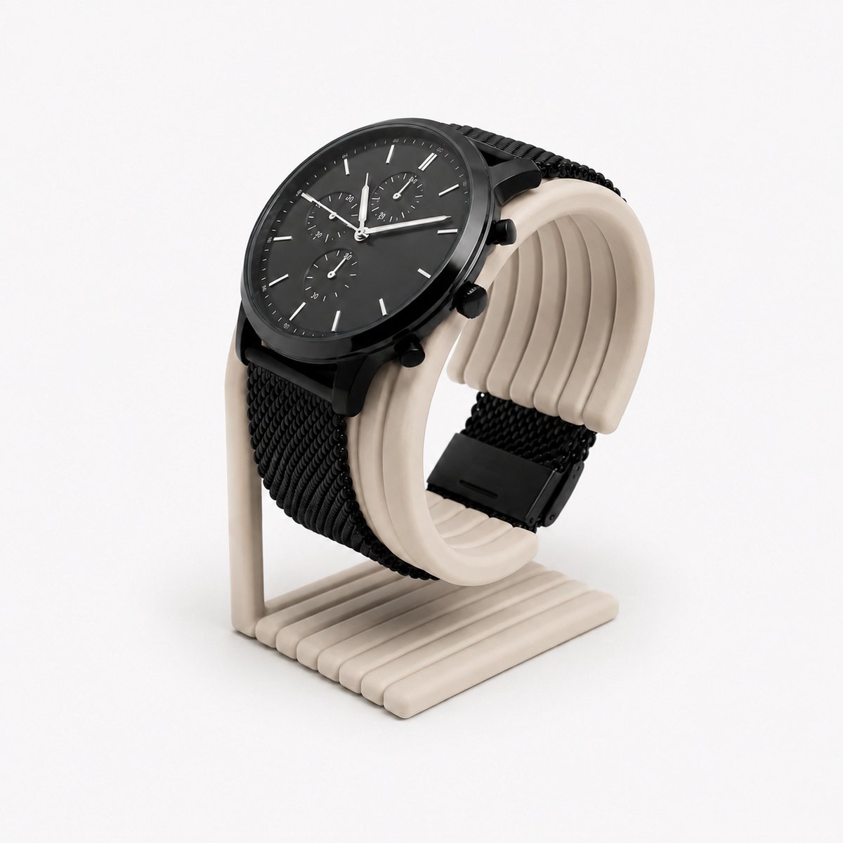 Skushy Horlogestandaard Luxe Ribbel Design - Horloge Houder - Premium Horloge Display - Armbandhorloge Standaard - Watch Stand - Sieraden Organizer - Bureau Accessoire - Nachtkastje Decoratie - Beige Latte