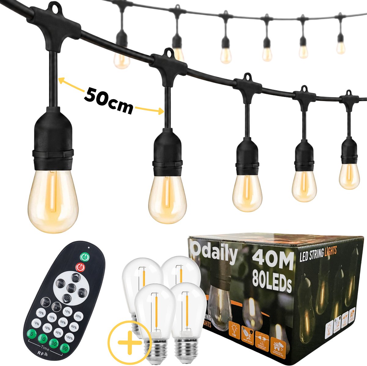 Odaily Lichtsnoer Buiten - 40 Meter - 80 LED Lampen - Warm Wit Licht - Dimbaar - Horecakwaliteit