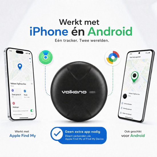 Zwarte, ronde Volkano tracker met logo, centraal geplaatst tussen twee smartphones die de "Find My" app en "Find Hub" app tonen. Omringd door iconen.