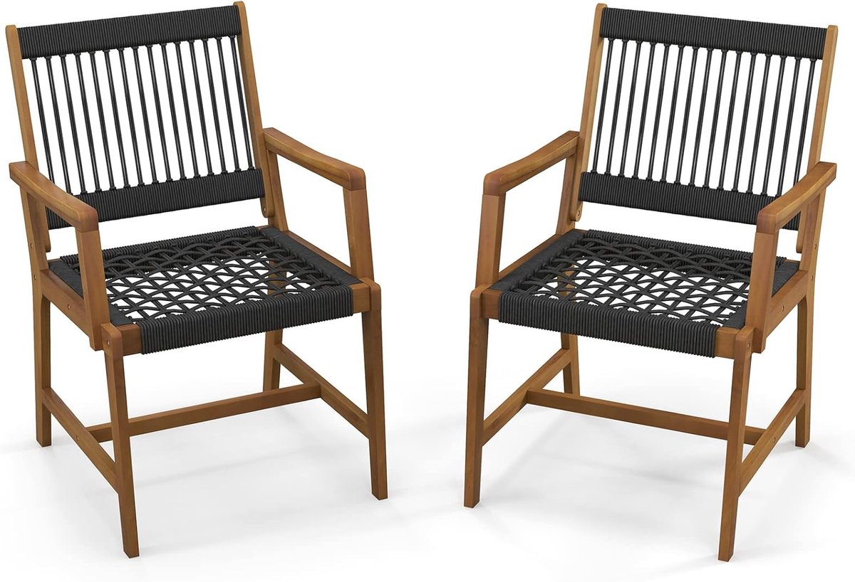 COSTWAY Tuinstoelen, set van 2, balkonstoelen van acaciahout en touwvlechtwerk, terrasstoelen met rugleuning en armleuning, 160 kg draagvermogen, voor tuin, terras, balkon