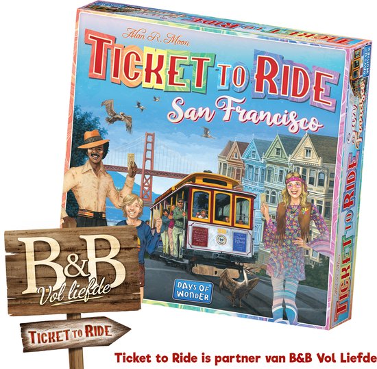 Doos van het bordspel Ticket to Ride San Francisco met een kabeltram, Golden Gate Bridge en kleurrijke huizen.