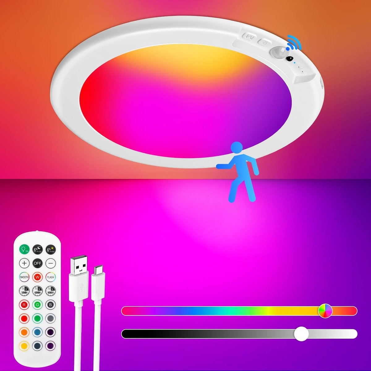 KZQ Led Plafondlamp Met Bewegingssensor - Rgb - 5w - 4000mah - Oplaadbaar - Met Afstandsbediening - Dimbaar - Ip44 Waterdicht - Ultraplat Design - Geschikt Voor Hal Badkamer Garage Kast Trap En Kelder - Wit