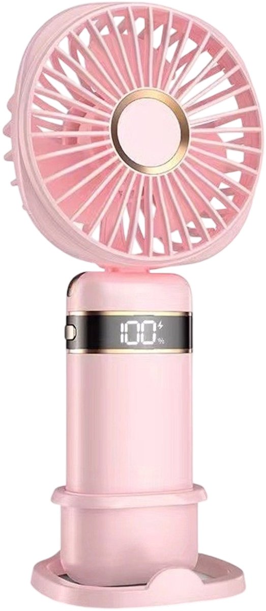 Draagbare mini-ventilator met 5 snelheden en digitaal display – oplaadbaar via USB, inclusief standaard; geschikt voor thuis, kantoor, reizen en buiten