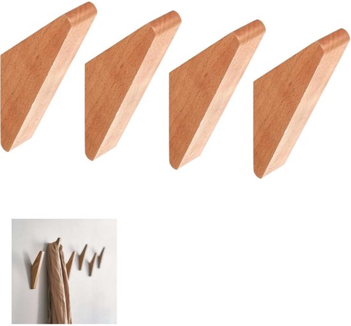 4 stuks - houten wandhaken - vintage kapstokhaken - ophanghaken - voor het ophangen van kleding, jassen, hoeden en handdoeken in de hal - met schroeven - 14.2×2×4.4cm - teak