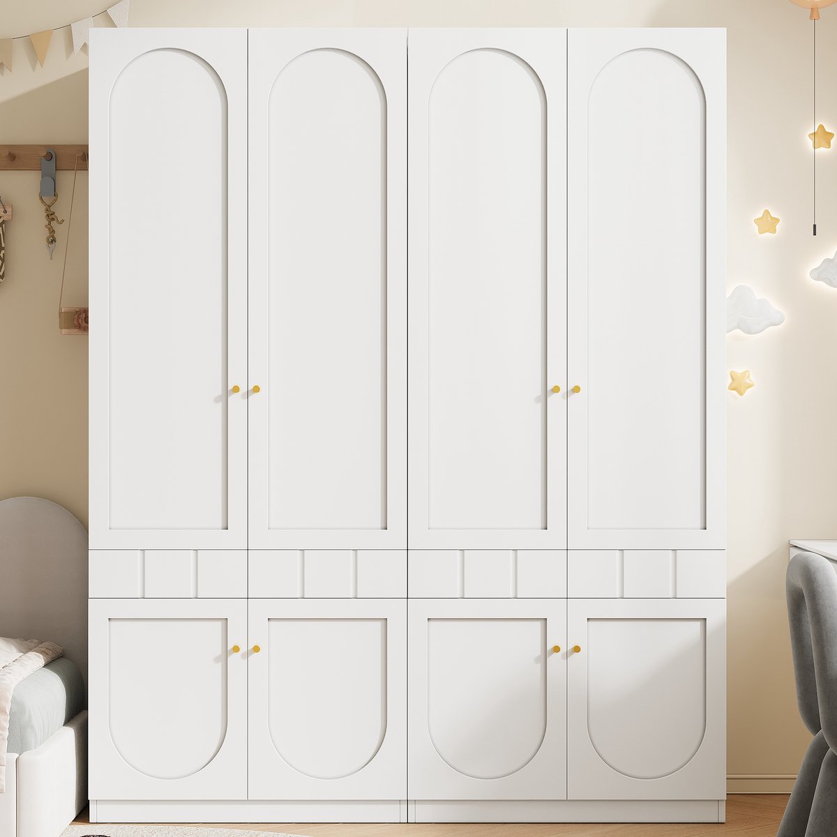 Wishdor Kledingkast set van 2 - 2-deurs met kledingstang en lades - Scandinavische slaapkamerkast - bewerkt hout - wit - 160 x 50 x 200 cm