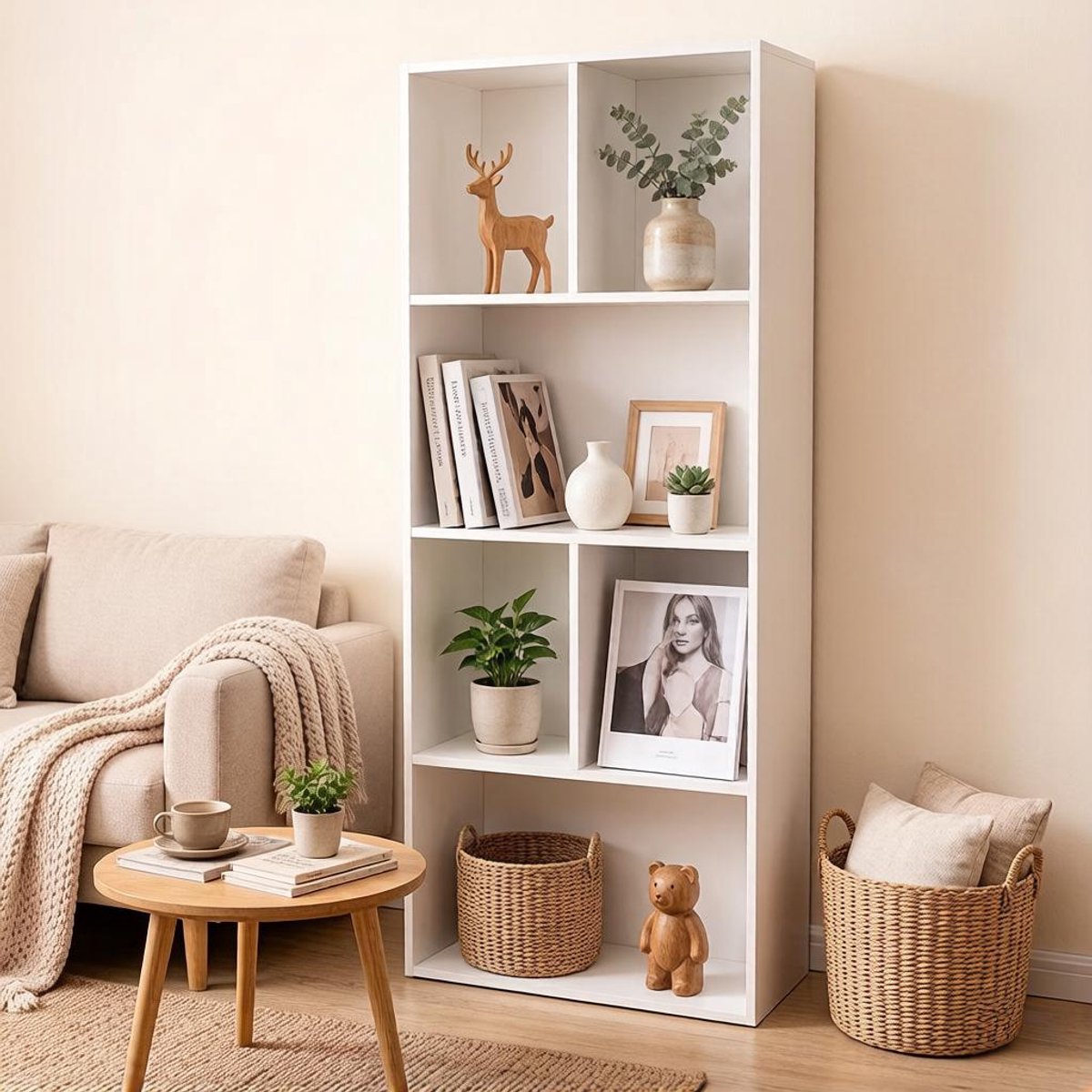OKWISH Boekenkast – 6 Vakken Opbergruimte – 50,2 x 29,2 x 118 cm – MDF – Wit – Staande Open Kast Voor Boeken En Documenten