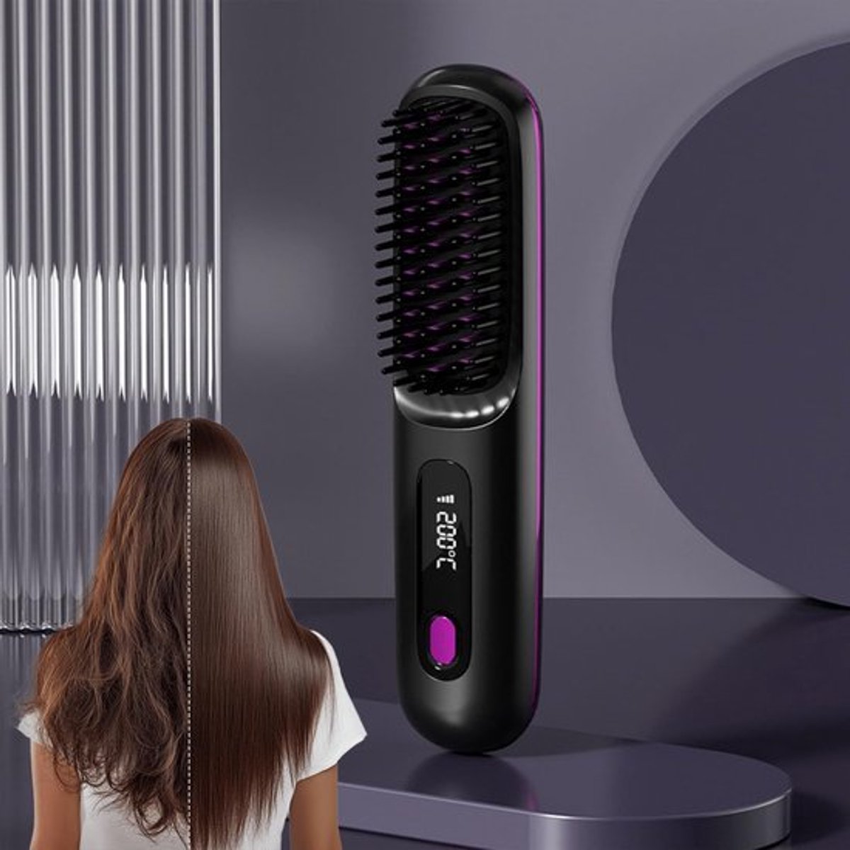 Stijltang - Draadloze stijltangborstel - Draagbare mini-stijltangborstel - Met 3 temperatuurstanden en led-display - USB-oplaadbare - Snel opwarmende stijltangborstel - Voor op reis (zwart)