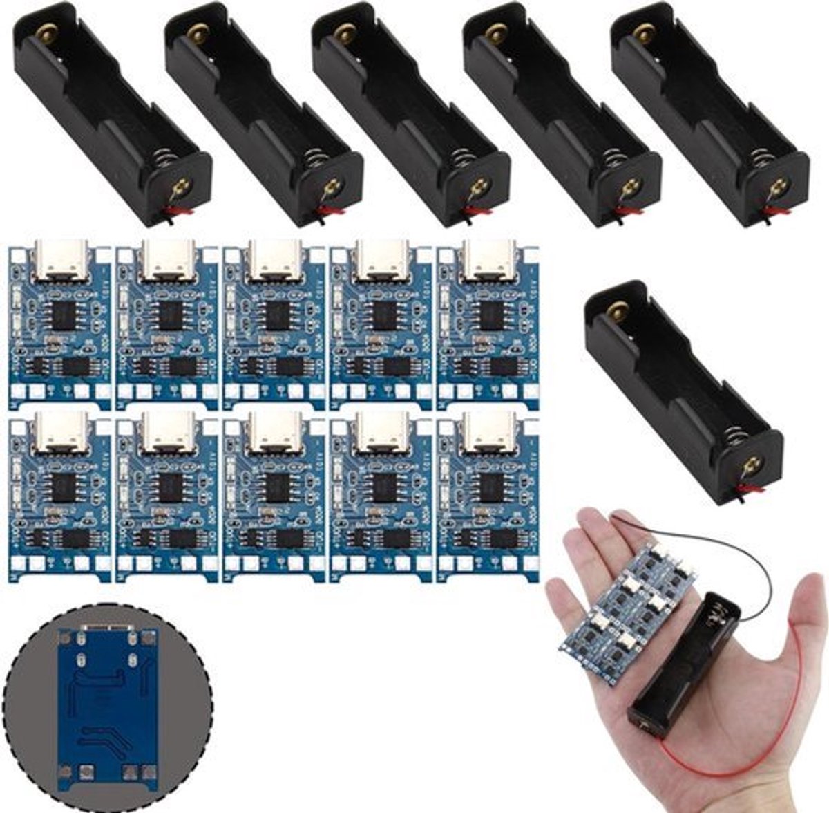37 V 18650 batterijhouder kunststof behuizing opbergdoos met kabelleads + 10 USB-opladers type C 5 V 1 A kunststof behuizing en geïntegreerde bescherming - Set van 6stuks