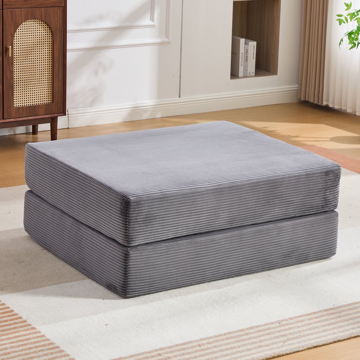 FloraGrace Voetenbankje 109 x 95 x 43 cm - Uitklapbaar Tot Compact Eenpersoons Sofabed, Ruimtebesparend - Voor Woonkamer - Stof - Donkergrijs
