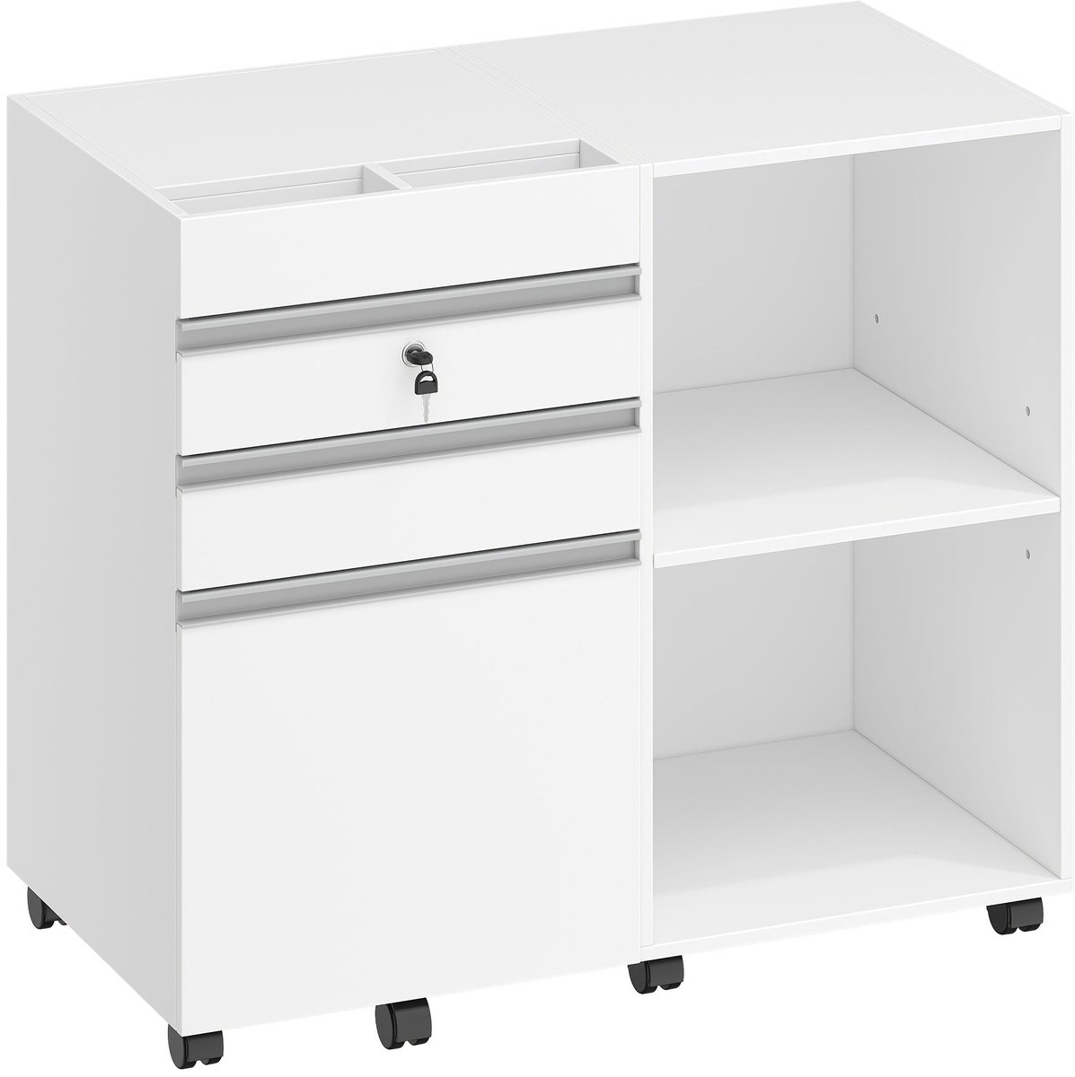 Home & Beyond® Verrijdbare Archiefkast met 3 Lades, Hangmappen en Open Vakken - Mobiele Kantoorcontainer - Wit - 80 x 40 x 65 cm