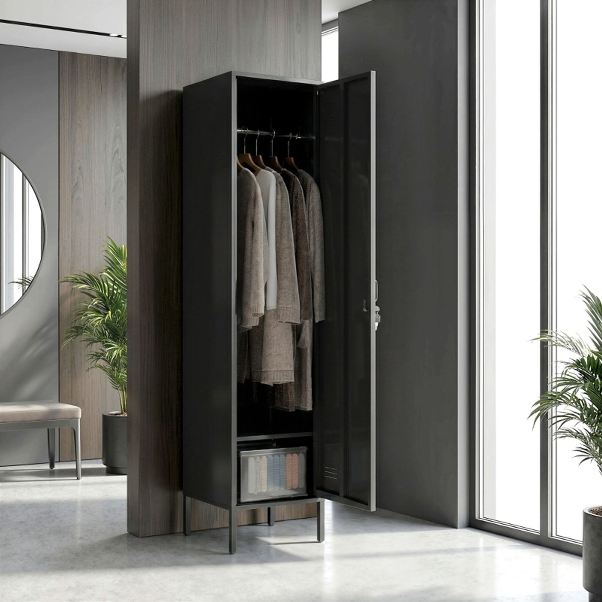 Wishdor - Kledingkast - afsluitbare deur met ventilatiesleuven - kledingstang en opbergvak - industrieel - slaapkamer of kantoor - staal - zwart - 40 x 40 x 179 cm