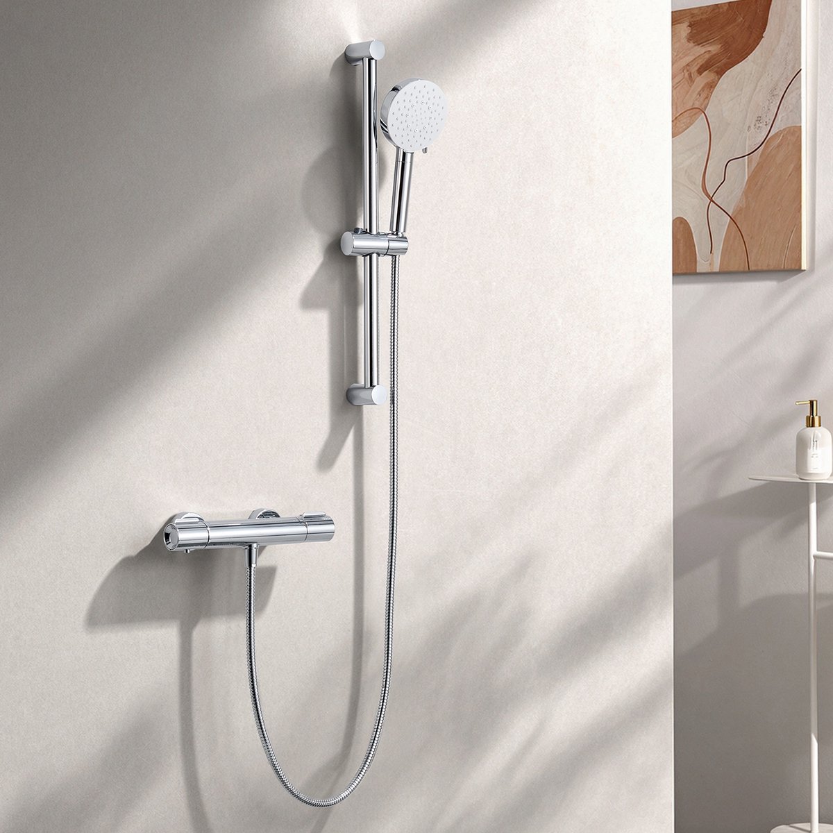 Auralum Max Doucheset - Veiligheidsfuncties - Thermostatische Douchekraan - met 70 cm Glijstangset - Hogedruk handdouche - 6 straalsoorten - met 4 Filters Douchekop - Waterbesparend -wit / Chroom