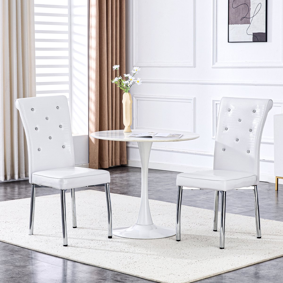 COVREO Eetkamerstoel set van 2 101 x 42 cm - wit kunstleer met kristalknopdetails