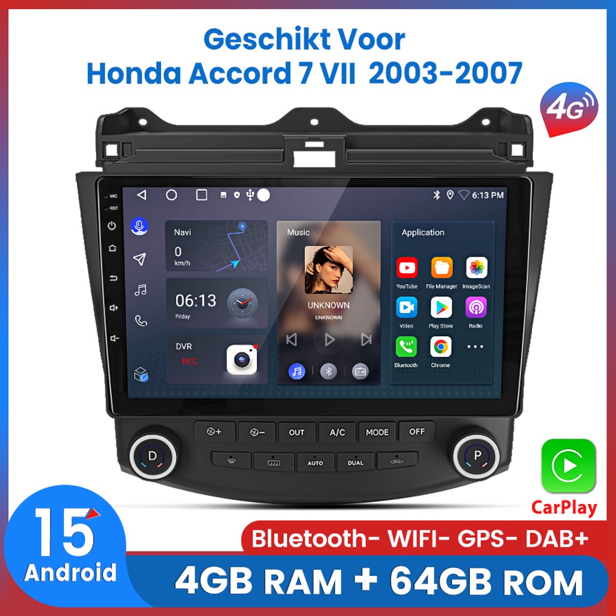 Awesafe 8-Core 4+64GB Autoradio - Geschikt Voor Honda Accord 7 VII 2003 t/m 2007 - Draadloze Carplay Android Auto - Touchscreen - GPS Navigatie 4G WiFi - Bluetooth Radio - 2003 2004 2005 2006 2007