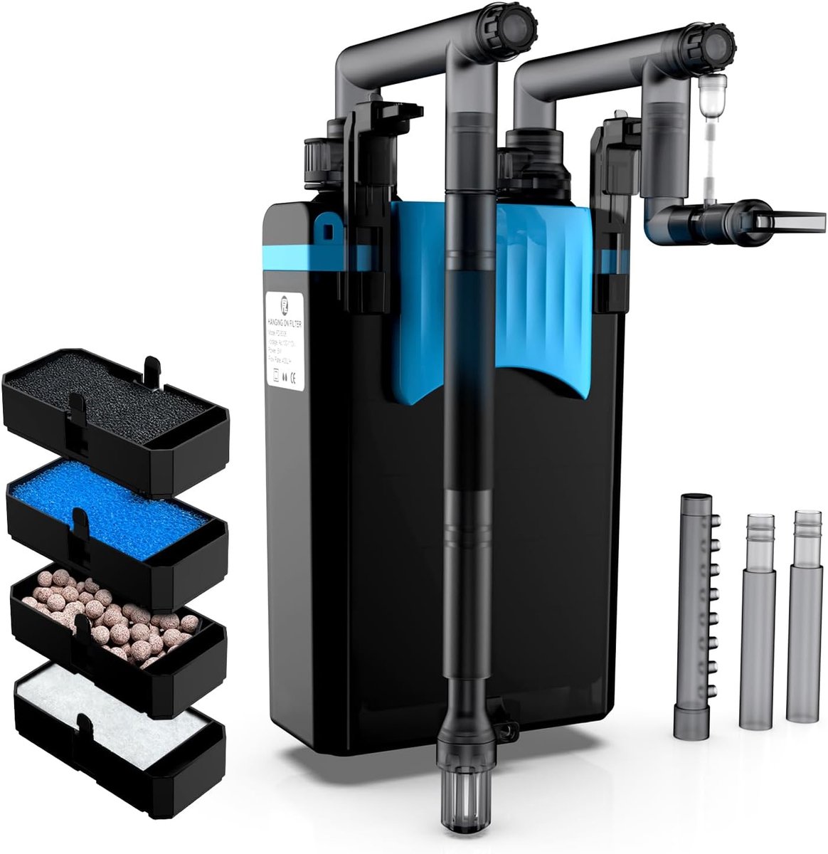 SnelShoppen - Compacte 4-Stage Aquariumfilter voor Kleine Visbakken, Fluisterstil, 400 L/u Doorstroming, 3 Uitlaten, Ideaal voor Garnalen- en Plantena