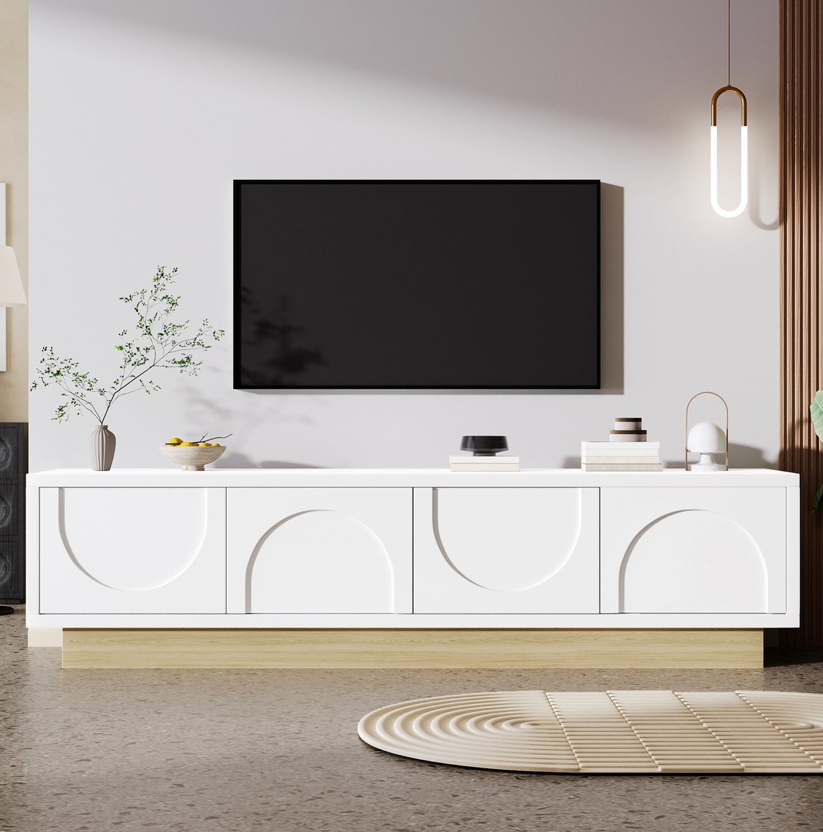 Wishdor - TV meubel - 175 cm - 4 deuren met kabelmanagement - minimalistisch gebogen design - woonkamer - houtlook basis - wit