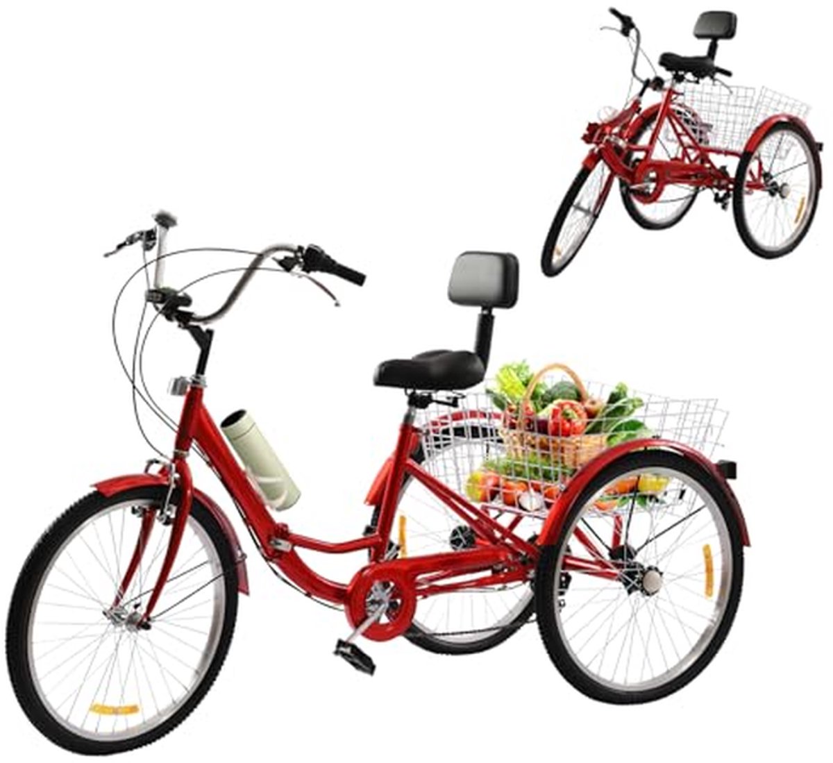 Driewieler voor Volwassenen - Senioren Fiets - Boodschappen Vervoeren - Opvouwbaar Ontwerp - 61 cm Wielen - Rood