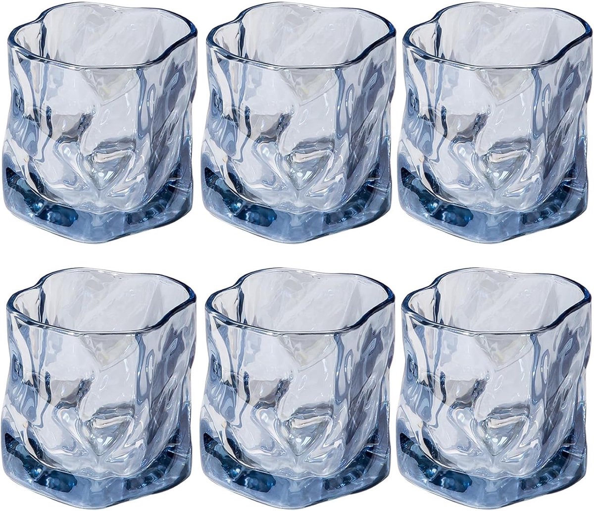 SnelShoppen - 6-delige Glazen Set, Kristallen Whiskyglazen 200 ml, Onregelmatige Drinkglazen, IJskoffie, Cocktails, Longdrink, Blauw, Vaatwasmachinebe