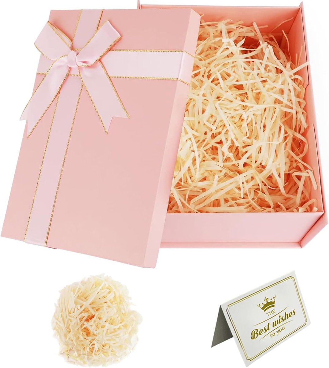 SnelShoppen - Luxe Geschenkdoos met Deksel 25x18x8,5 cm - Roze - Inclusief Strikken en Wenskaarten - Perfect voor Bruiloft, Moederdag, Verjaardag, Ker
