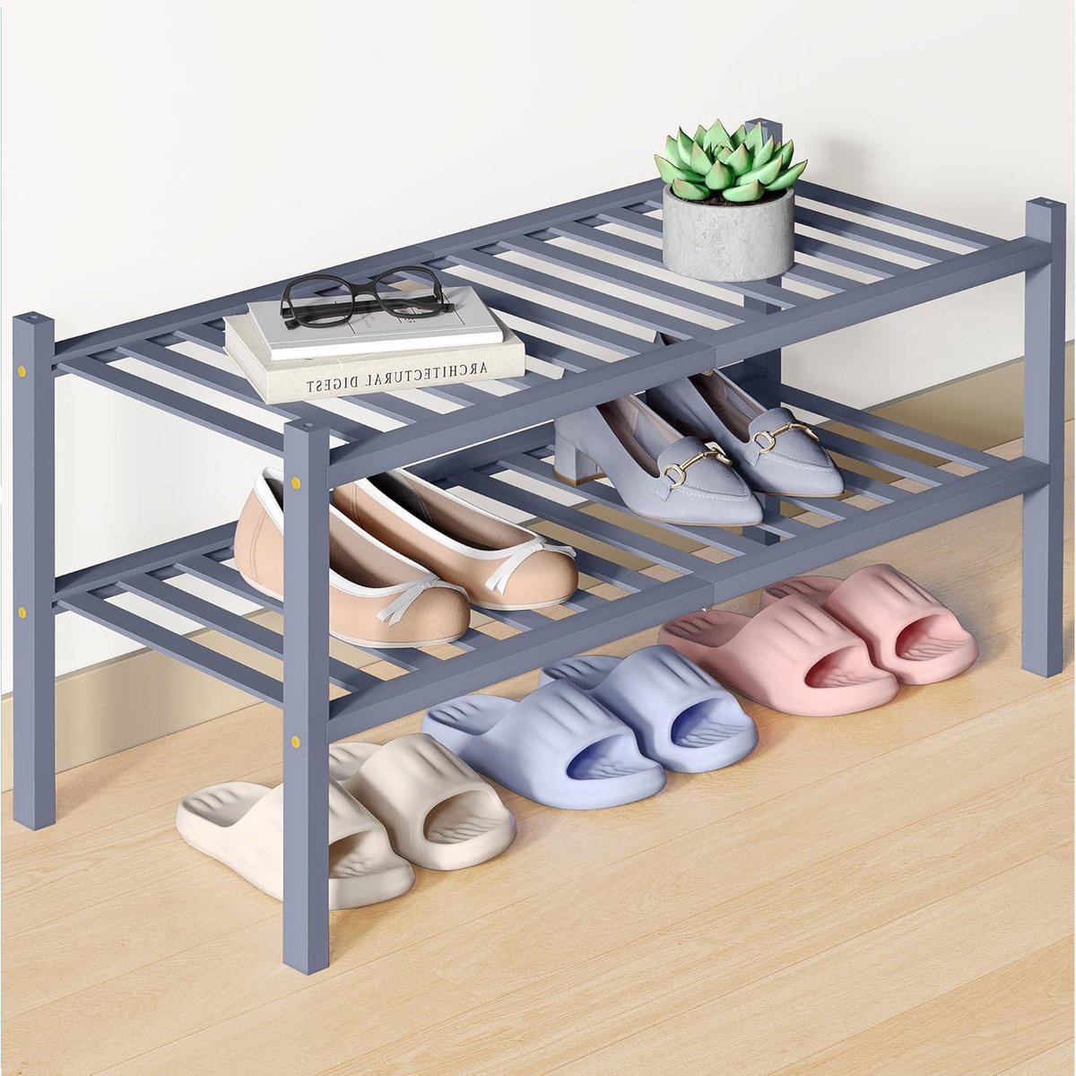 Smiry Schoenenrek (2 niveaus) - Bamboe Schoenenrek - Houten Schoenenkast -Schoenenrek hout - 68x28x33cm - Grijs