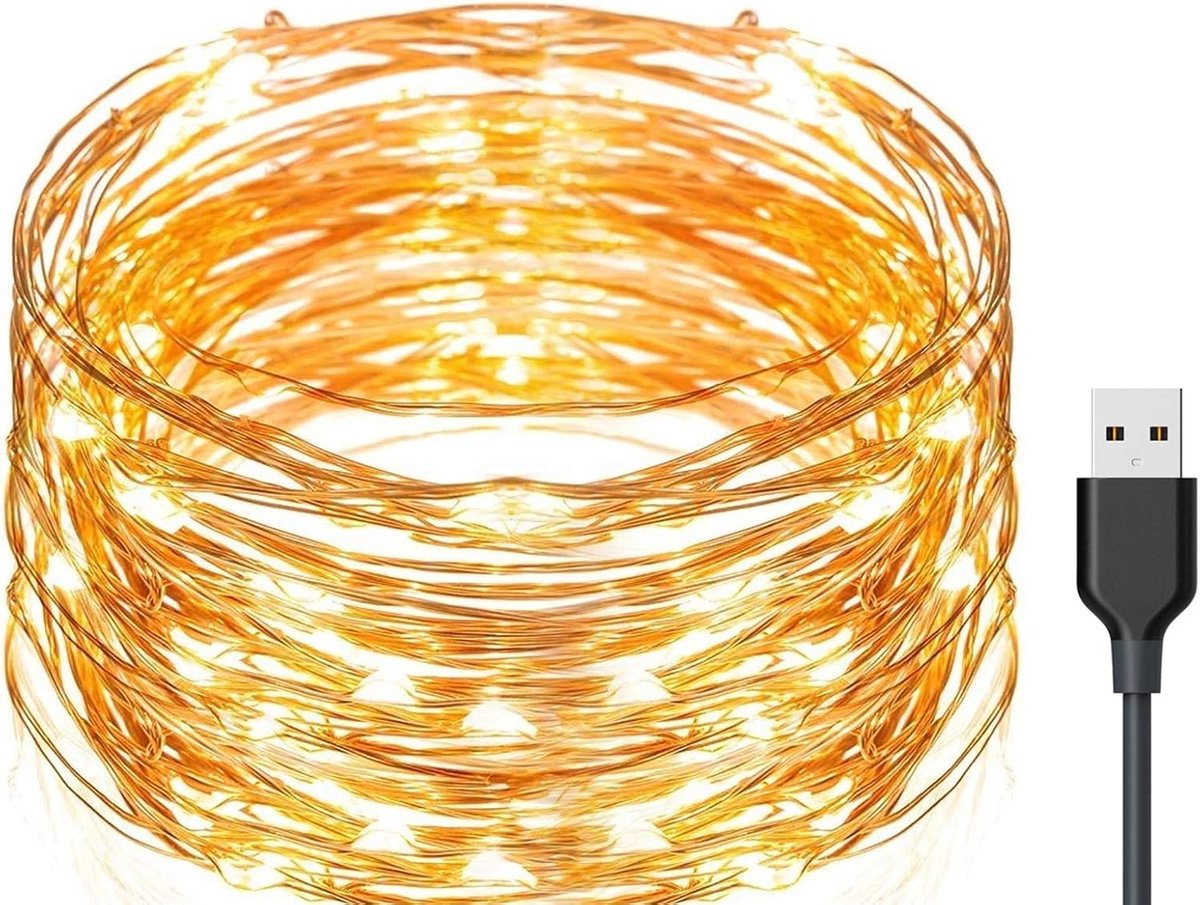 SnelShoppen - 20m LED Lichtslingers 200 Leds - Waterdichte Koperdraadverlichting - USB Aangedreven - Warm Wit voor Tuin, Hek, Patio, Kerstfeest, Bruil