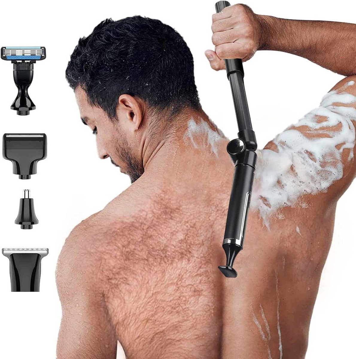 Thijox - Rugscheerapparaat voor Mannen met Verlenghandvat - 5-in-1 Elektrische Lichaamshaartrimmer en Scheermesset - Waterdichte Oplaadbare Herentrimm