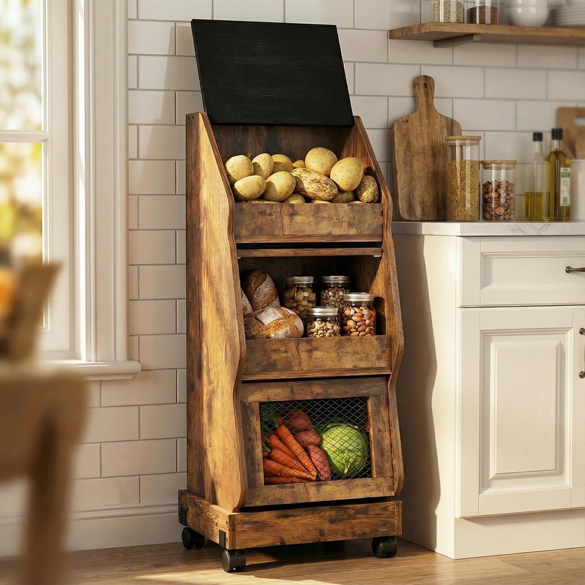 Puluomis - Aardappelen Kabinet - Verplaatsbaar met wielen - Met deksel - Keuken Opbergkasten - 40x30x96cm - Rustiek donkerbruin
