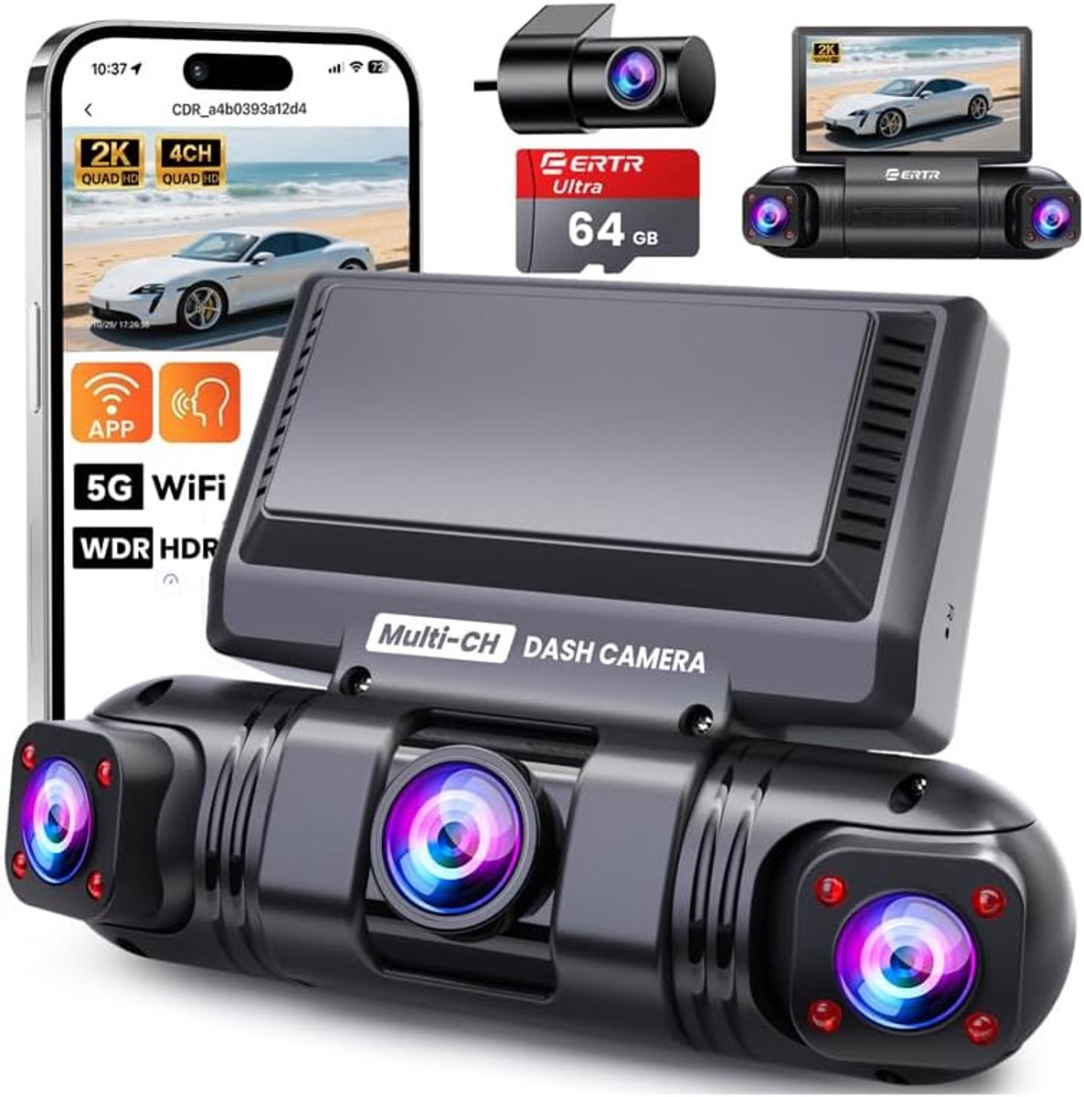 SnelShoppen - 360° Instrument Camera Voor Auto's - 4 Kanalen Draadloos - 2K + 1080P - Nachtzicht - Wi-Fi - G-sensor - 128GB SD Kaart