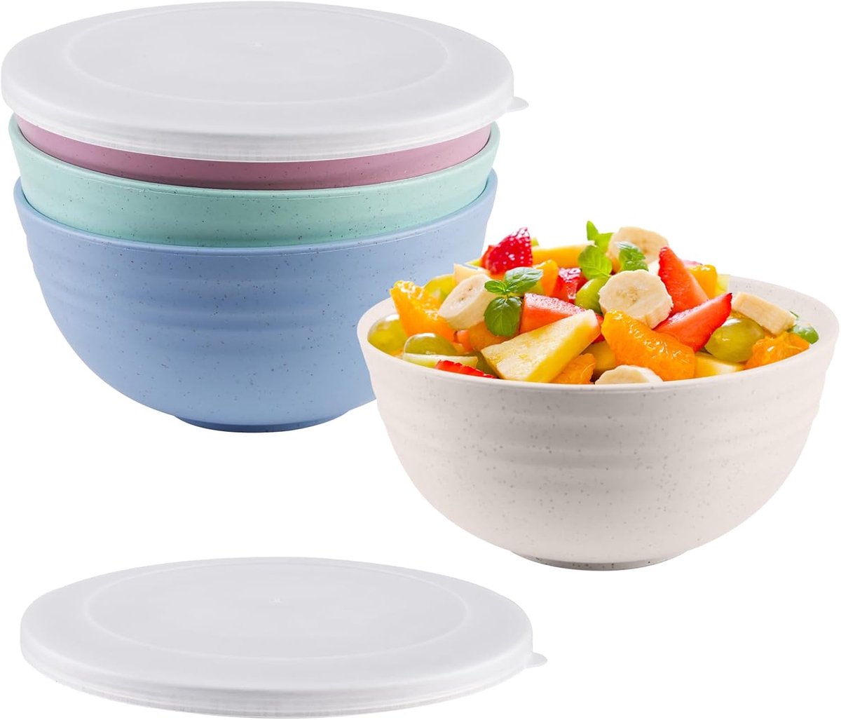 SnelShoppen - 4-delige BPA-vrije Cereal Bowls met Deksel, Transparante Saladeschalen, Shatterproof Plastic, 15.7 x 7.3 cm, Perfect voor Ontbijt, Salad